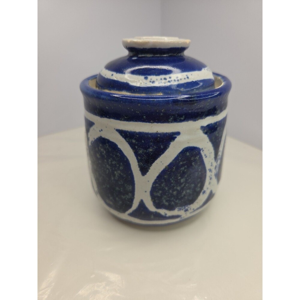 Vintage Signed Wood Studio Pottery Blue Wax Resist Stoneware Lidded Jar - AS IS